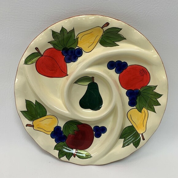 Chip & Dip 10" Divided Dish Plate w/ Fruits Apple Grapes Pear Yellow Green Serve - Picture 1 of 4